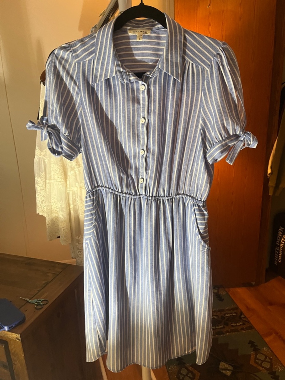 Monteau Blue and White Striped Midi Shirt Dress with Tie Sleeves